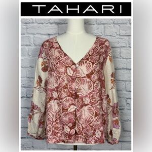 Tahari Linen Floral and Palm Print Long Sleeve Blouse M